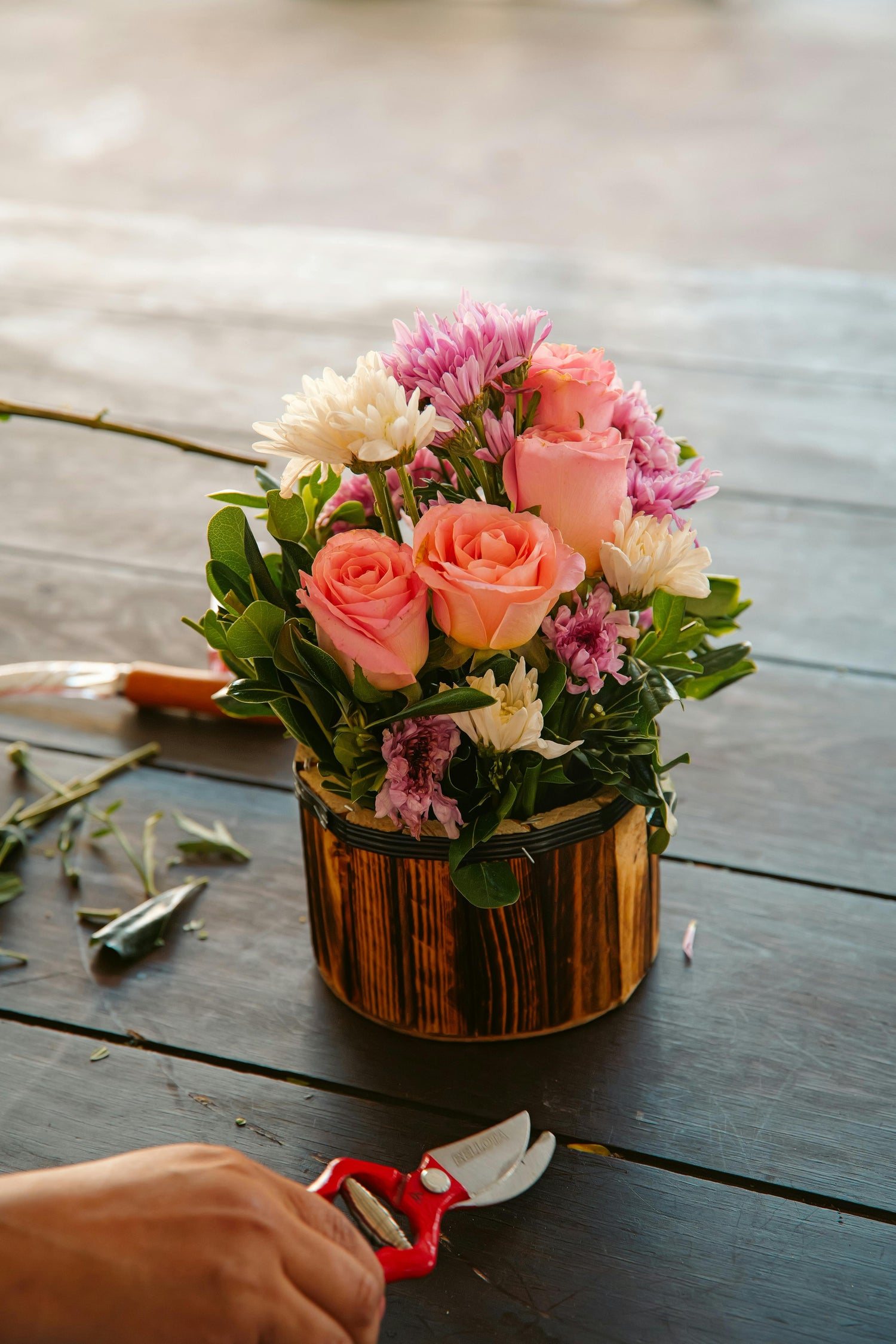 Local West Bountiful Utah Flowers in potted arrangement with pink rose and white and purple peonies